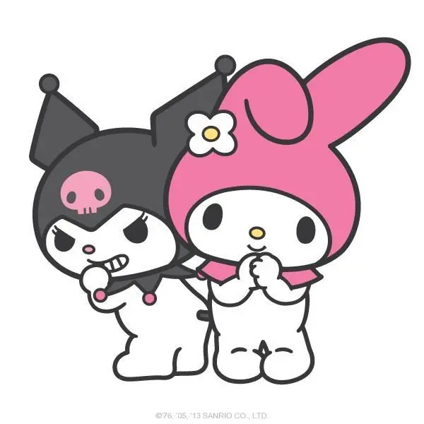 Kuromi kaşlarını çatmış, My Melody ellerini birleştirmiş gülümsüyor